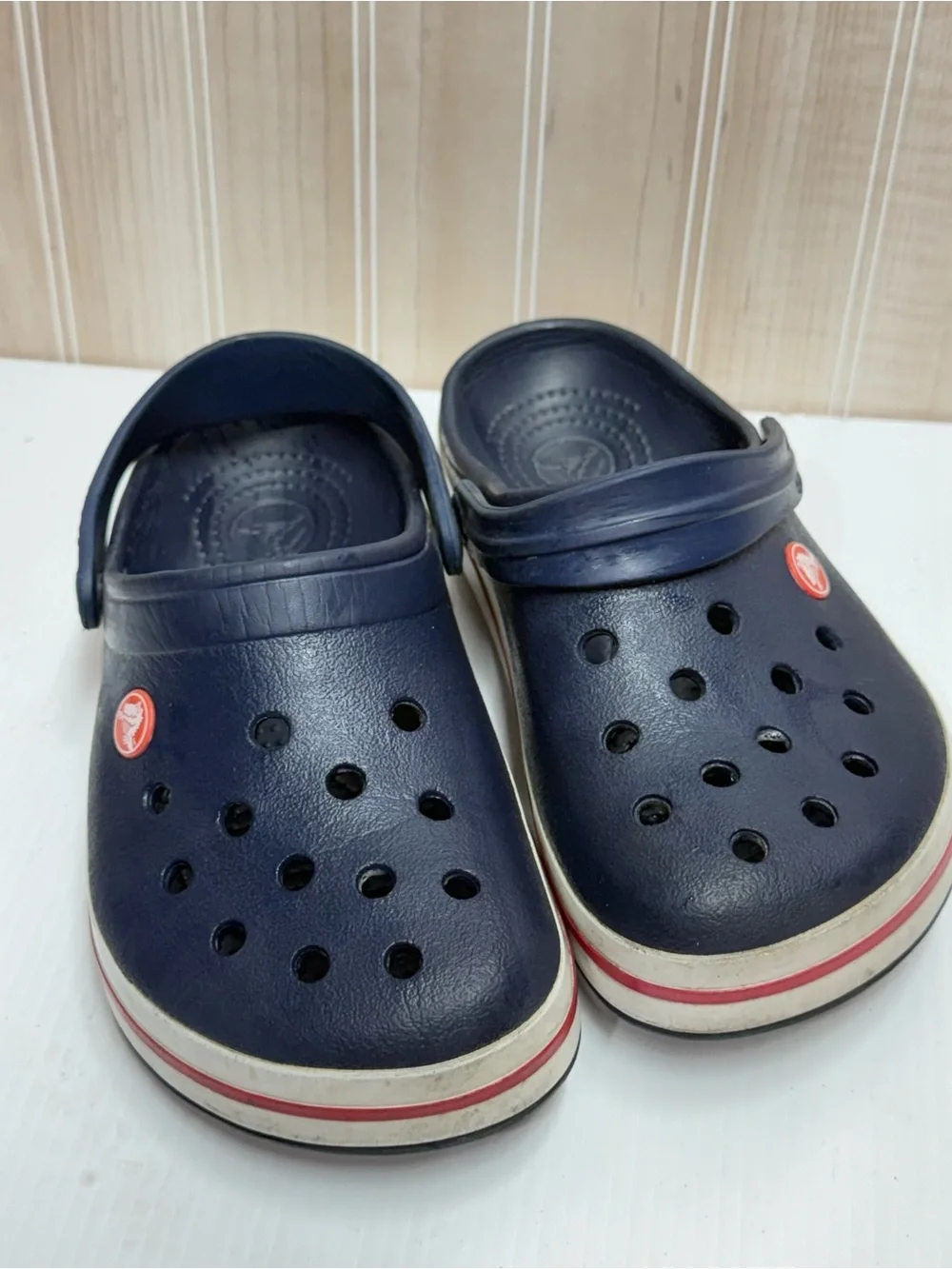 CROCS Kids Navy Clogs with Red Stripe